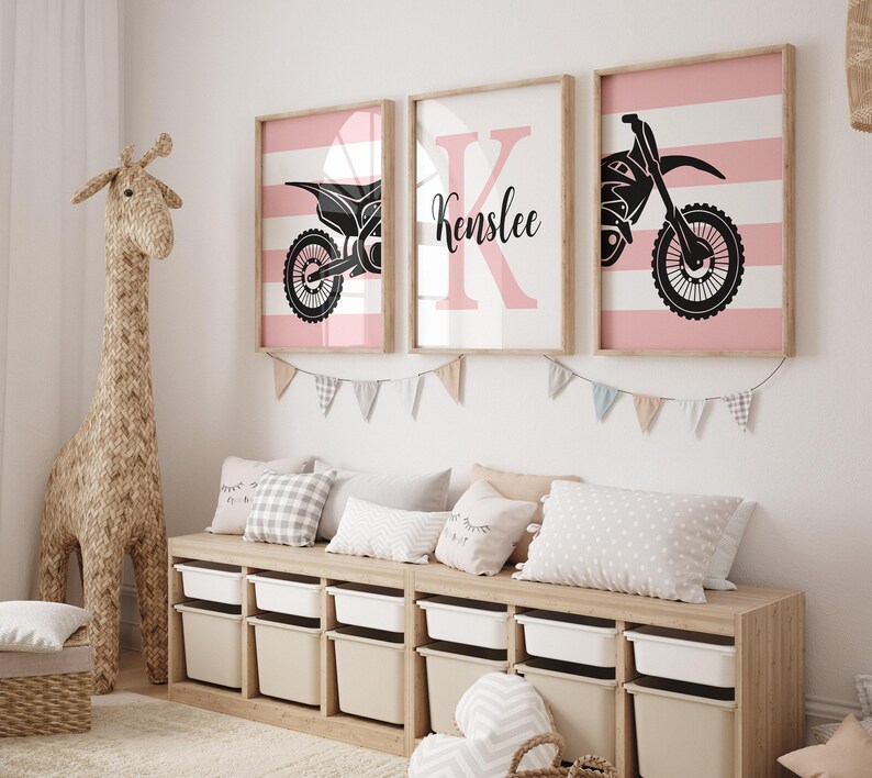 Girls dirt bike nursery or bedroom decor, girls pink dirt bike prints or canvas, girl dirt bike themed art set of 3, pink dirt bike decor image 2
