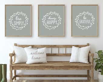 Farmhouse wall decor, Neutral entryway art prints, Inspirational wall art, Set of 3 canvas, Live simply, Neutral sage green, muted green