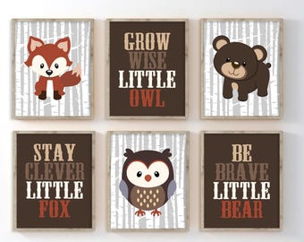Woodland Nursery Prints, Forest Animal Art, Owl Fox Bear Decor, Set of 6