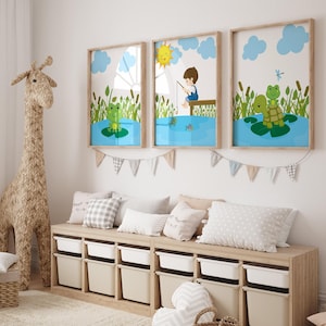 Fishing Nursery Art: Little Boy, Frog & Turtle Prints - Set of 3