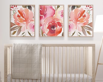 Watercolor Floral Print Set of 3, Nursery Flower Wall Art