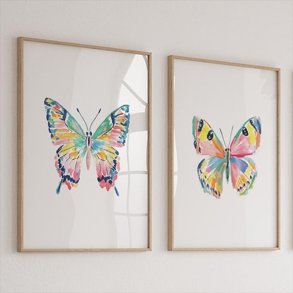 Preppy Butterfly Wall Art Set of 2, Girly Pink Butterfly Prints or Canvas