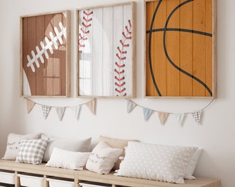 Sports Room Art, Boy Sports Bedroom, Sports Wall Prints or Canvas Set of 3, Distressed Sports Theme Nursery Decor, Above Crib Art, Set of 3