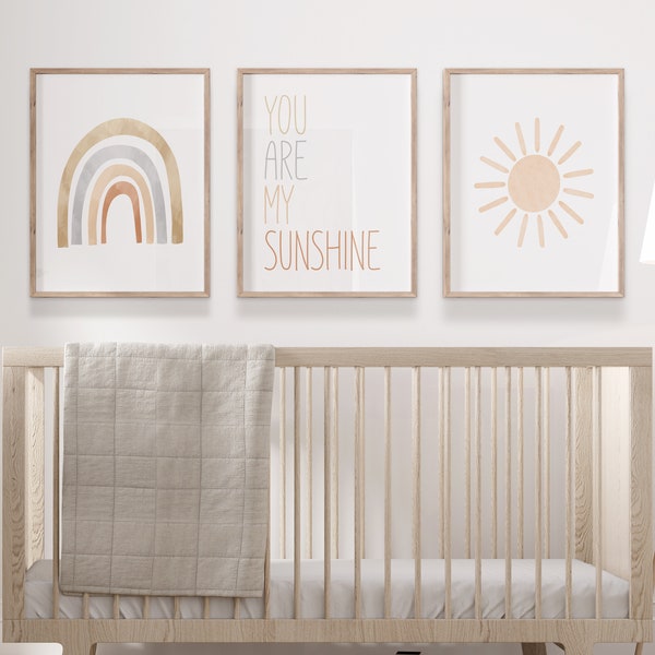 Neutral Rainbow Nursery Wall Art Prints or Canvas Set of 3 Watercolor Rainbow Prints Baby Boy Neutral Nursery You Are My Sunshine Wall Decor