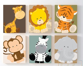 Safari Kinderzimmer Dekor, Safari Kinderzimmer Drucke, Safari Tier Drucke oder Leinwand, Baby Jungen Kinderzimmer Dekor, Jungen Kinderzimmer Wandbilder, 6er Set