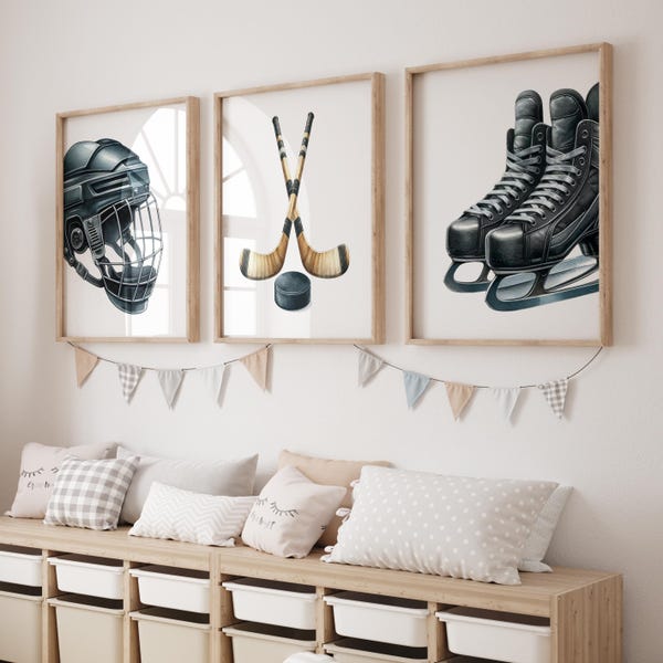 Ice Hockey Wall Art, Framed Hockey Prints, Hockey Decor Boys Bedroom, Hockey Stick Puck, Sports, Set of 3 Hockey Canvas for Boys Room