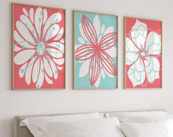Coral Aqua Flower Wall Art, Coral Aqua Nursery Decor, Flower Bedroom Wall Decor Prints or Canvas, Dahlia Flower Bathroom Decor, Set of 3