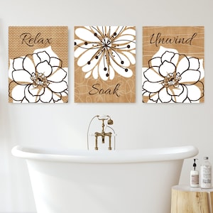 Relax Soak Unwind Farmhouse Bathroom Wall Art Prints or Canvas, Bathroom Wall Decor, Floral Bathroom Art, Bathroom Quotes Brown Set of 3