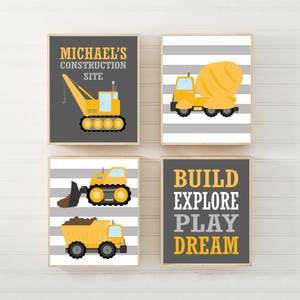 Construction trucks print set of 4, Personalized construction wall art prints or canvas, Toddler boys bedroom decor, Dump truck pictures