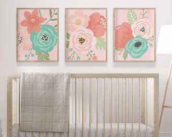 Blush Pink Floral Nursery Art, Girl Bedroom Decor, Set of 3 Prints