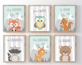 Woodland Animals Wall Art, Woodland Animals Quotes Nursery Decor, Baby Boy Nursery Prints or Canvas Woodland Creatures Artwork Set of 6