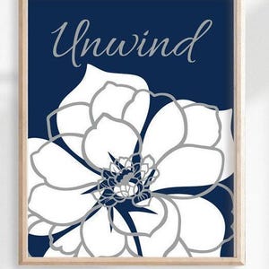 Navy Blue Floral Bathroom Art Prints, Relax Soak Unwind, Set of 3 image 4