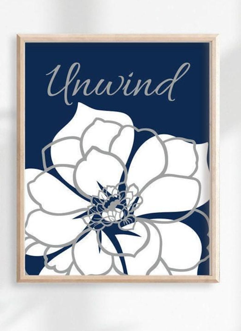 Navy Blue Floral Bathroom Art Prints, Relax Soak Unwind, Set of 3 image 4