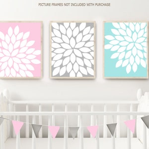 Floral Nursery Decor, Baby Girl Nursery Wall Art Prints or Canvas, Pink Gray Nursery Decor, Girl Bedroom Decor, Flower Wall Decor Set of 3 image 2