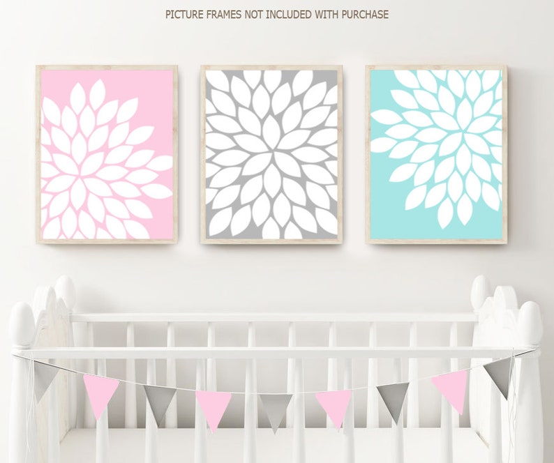 Floral Nursery Decor, Baby Girl Nursery Wall Art Prints or Canvas, Pink Gray Nursery Decor, Girl Bedroom Decor, Flower Wall Decor Set of 3 image 2