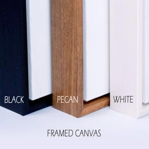 May include: Close-up of three framed canvas options: black, pecan, and white. Each frame color is labeled with its name. The text "FRAMED CANVAS" is at the bottom of the image.