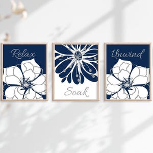 Navy Blue Bathroom Wall Art Prints or Canvas, Relax Soak Unwind Bathroom Wall Decor, Floral Bathroom Art, Flower Bathroom Quotes Set of 3