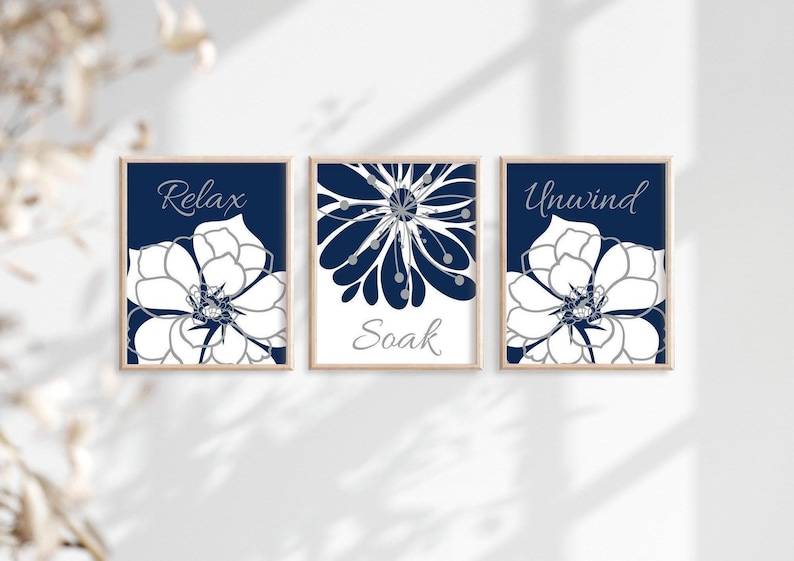 Navy Blue Floral Bathroom Art Prints, Relax Soak Unwind, Set of 3