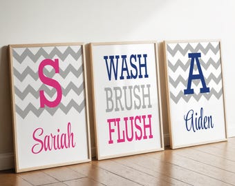 Kids Bathroom Decor, Wash Brush Flush Art, Set of 3 Prints or Canvas