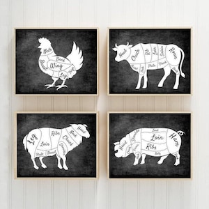 Farmhouse Wall Decor, Kitchen Decor, Meat Cuts Print Butcher Diagram Chart, Kitchen Wall Art, Chalkboard Decor, Prints or Canvas Set of 4