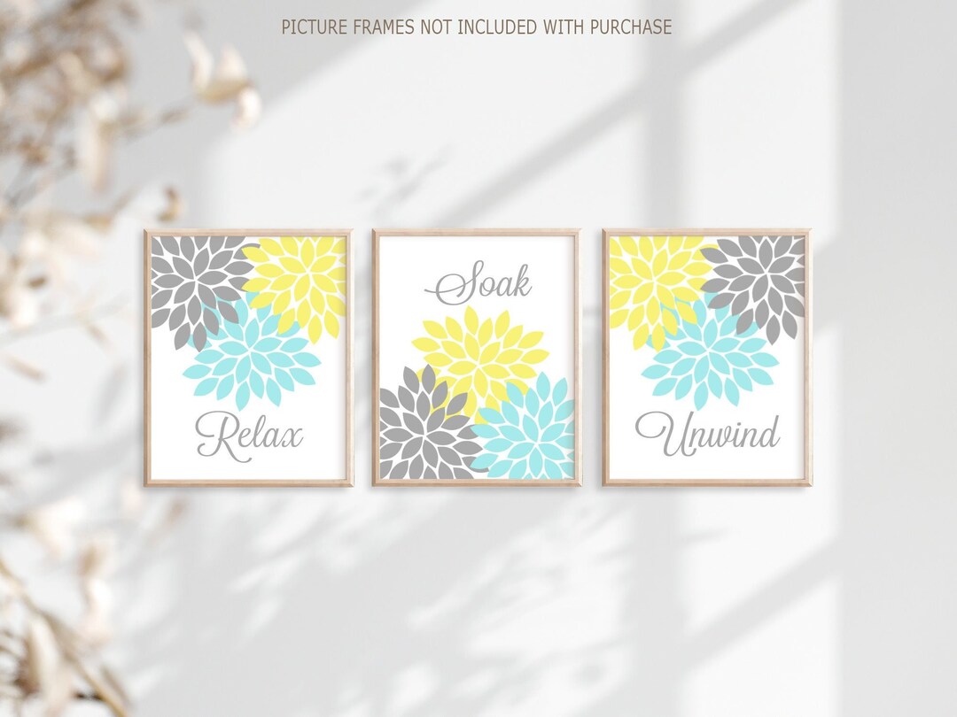 Aqua Gray Yellow Bathroom Wall Art Prints or Canvas Flower Bathroom