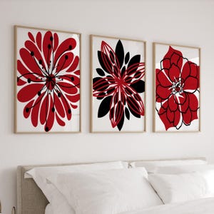 Red Flower Wall Art, Flower Bedroom Wall Decor Prints or Canvas, Red Black Bedroom, Dahlia Flower Bathroom Decor, Set of 3