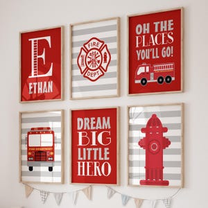 Fire Truck Nursery Wall Art, Fire Truck Decor Canvas or Prints Fireman Fire Truck Birthday, Big Boy Bedroom, Set of 6 Pictures