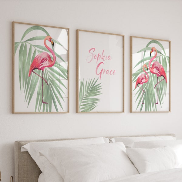 Flamingo Nursery Art, Above Crib Decor, Girl Room Wall Art, Flamingo Prints or Canvas, Tropical Wall Decor, Printable Wall Art, Set of 3