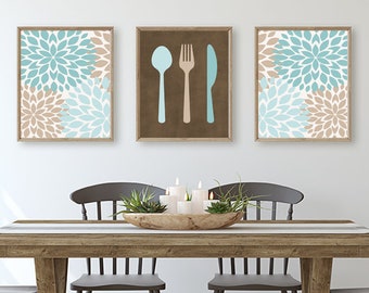 Farmhouse dining room wall decor, Aqua wall art prints, Floral prints wall art, Kitchen wall art, Kitchen utensil wall decor, Set of 3