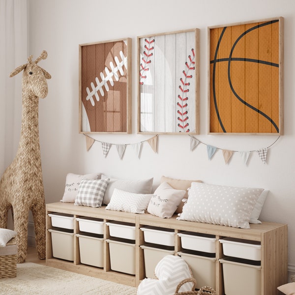 Sports Room Art, Sports Wall Prints or Canvas Set of 3, Distressed Sports Theme Nursery Decor Above Crib Art, Boy Sports Bedroom, Set of 3