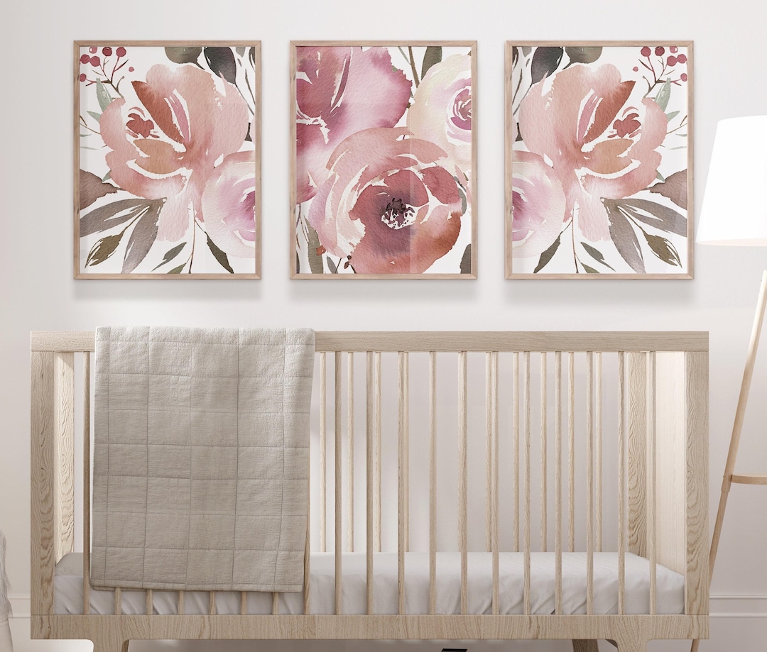 Blush Pink Floral Nursery Prints, Set of 3 Flower Wall Art - Etsy