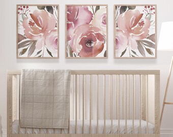 Blush Pink Floral Nursery Prints, Set of 3 Flower Wall Art