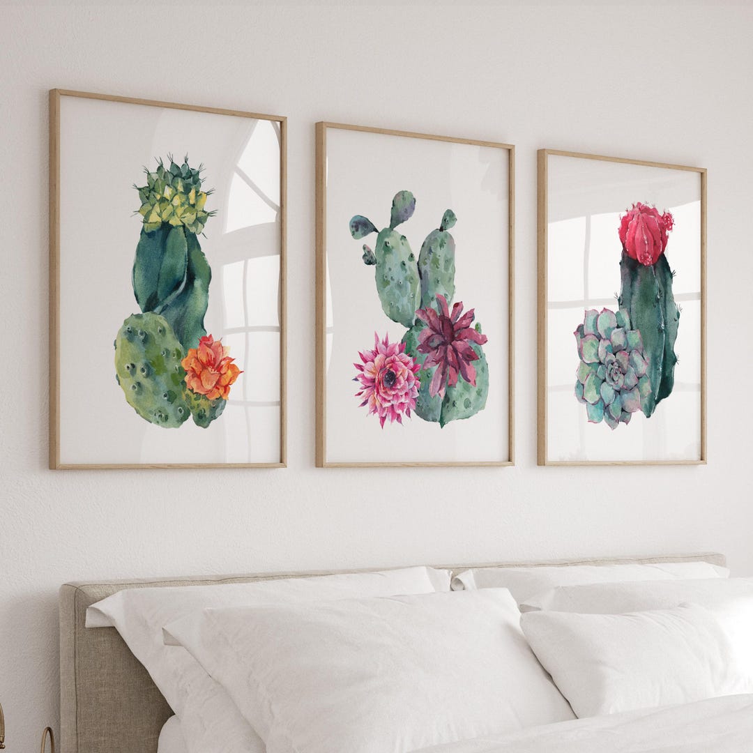 Watercolor Cactus Print Set, Boho Floral Wall Art Set of 3 - Etsy