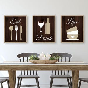Eat Drink Love Kitchen Wall Art, Eat Drink Love Prints or Canvas Kitchen Quote Wall Decor, Dining Room Wall Decor Set of 3 Kitchen Pictures