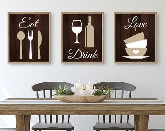 Eat Drink Love Kitchen Wall Art, Eat Drink Love Prints or Canvas Kitchen Quote Wall Decor, Dining Room Wall Decor Set of 3 Kitchen Pictures