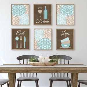 Kitchen Wall Art, Eat Drink Love Prints or Canvas Kitchen Quote Wall Decor, Dining Room Wall Decor, Kitchen Pictures Aqua Beige Set of 6