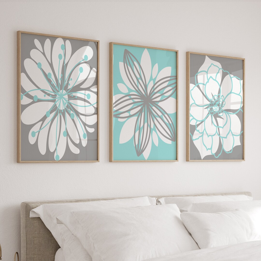Aqua Flower Wall Art, Flower Bedroom Wall Decor Prints or Canvas, Aqua