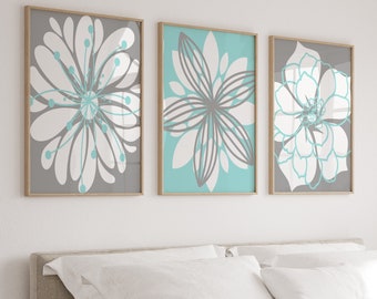 Aqua Flower Wall Art, Flower Bedroom Wall Decor Prints or Canvas, Aqua Gray Nursery Decor, Dahlia Flower Bathroom Decor, Set of 3