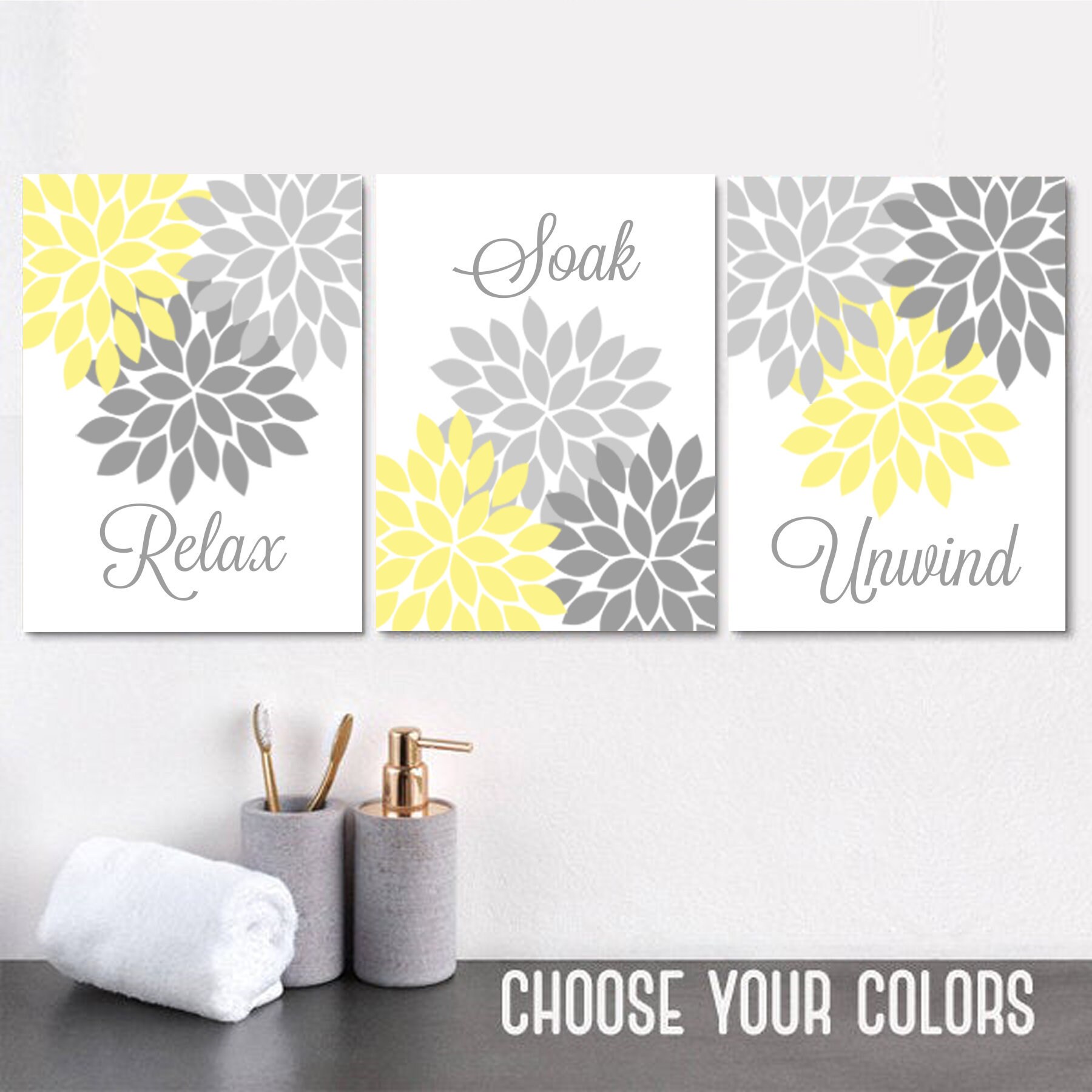 Bathroom Decor Yellow Gray Bathroom Wall Art Prints or Canvas Etsy