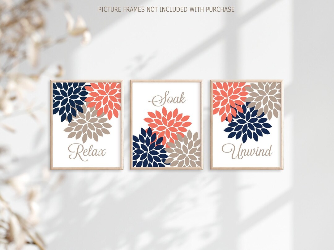 Navy Coral Beige Bathroom Wall Art Prints or Canvas Bathroom - Etsy
