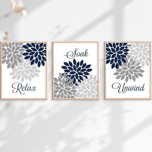Navy Gray Bathroom Wall Art Prints Or Canvas Bathroom Wall Decor, Flower Bathroom Quote Pictures, Relax Soak Unwind, Set of 3