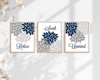 Navy Gray Floral Bathroom Art Prints, Relax Soak Unwind, Set of 3