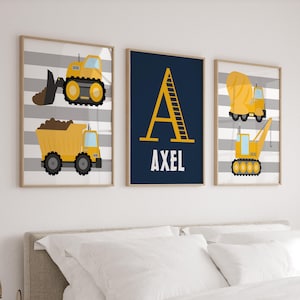 Construction Truck Nursery Prints: Personalized Boy Room Wall Art, Set of 3