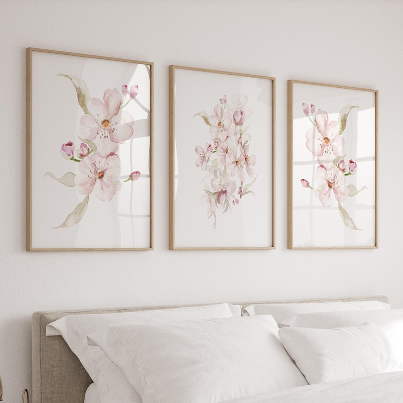 Watercolor Cherry Blossom Print Set of 3, Blush Pink Floral Nursery ...