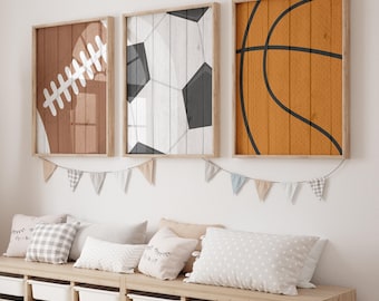Sports Room Art, Boy Sports Bedroom, Sports Wall Prints or Canvas Set of 3, Distressed Sports Theme, Football Soccer Basketball Set of 3