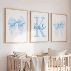 Blue Bow Nursery Prints, Personalized Baby Girl Decor, Set of 3 Wall Art
