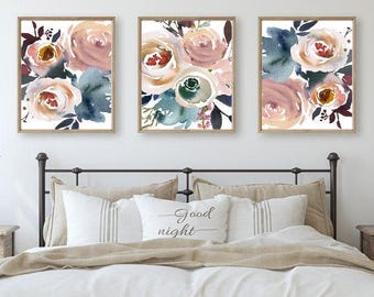 Watercolor Floral Wall Art, Minimalist Wall Art, Watercolor Bedroom Wall Decor, Floral Prints or Canvas Living Room Wall Decor, Set of 3