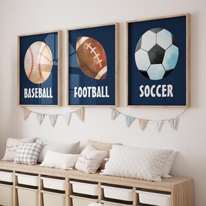Watercolor Sports Art Prints: Navy Baseball, Soccer, Football - Set of 3