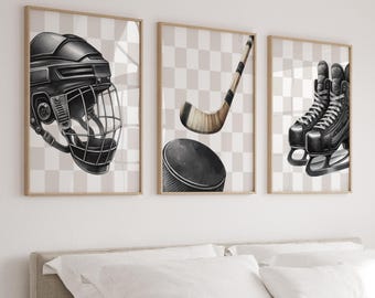 Hockey Wall Art Prints: Checkered Boys Room Decor, Set of 3