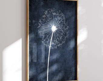 Dandelion Wall Art, Navy Dandelion Bedroom Pictures, Dandelion Framed Prints or Canvas, Dandelion Framed canvas, Navy Home Decor, Set of 1